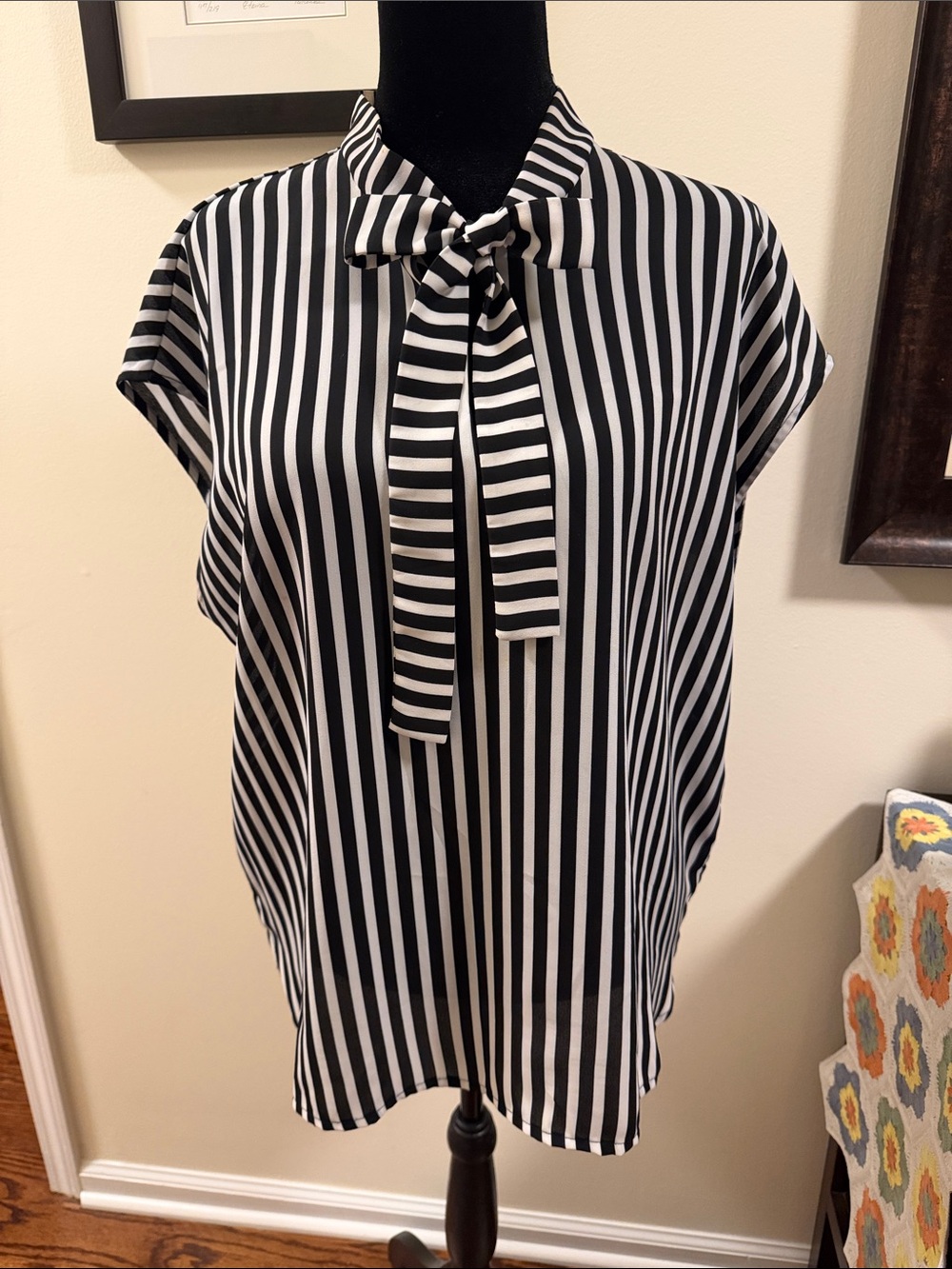 Bar III Black and White Vertical Stripe Tie-Front Blouse